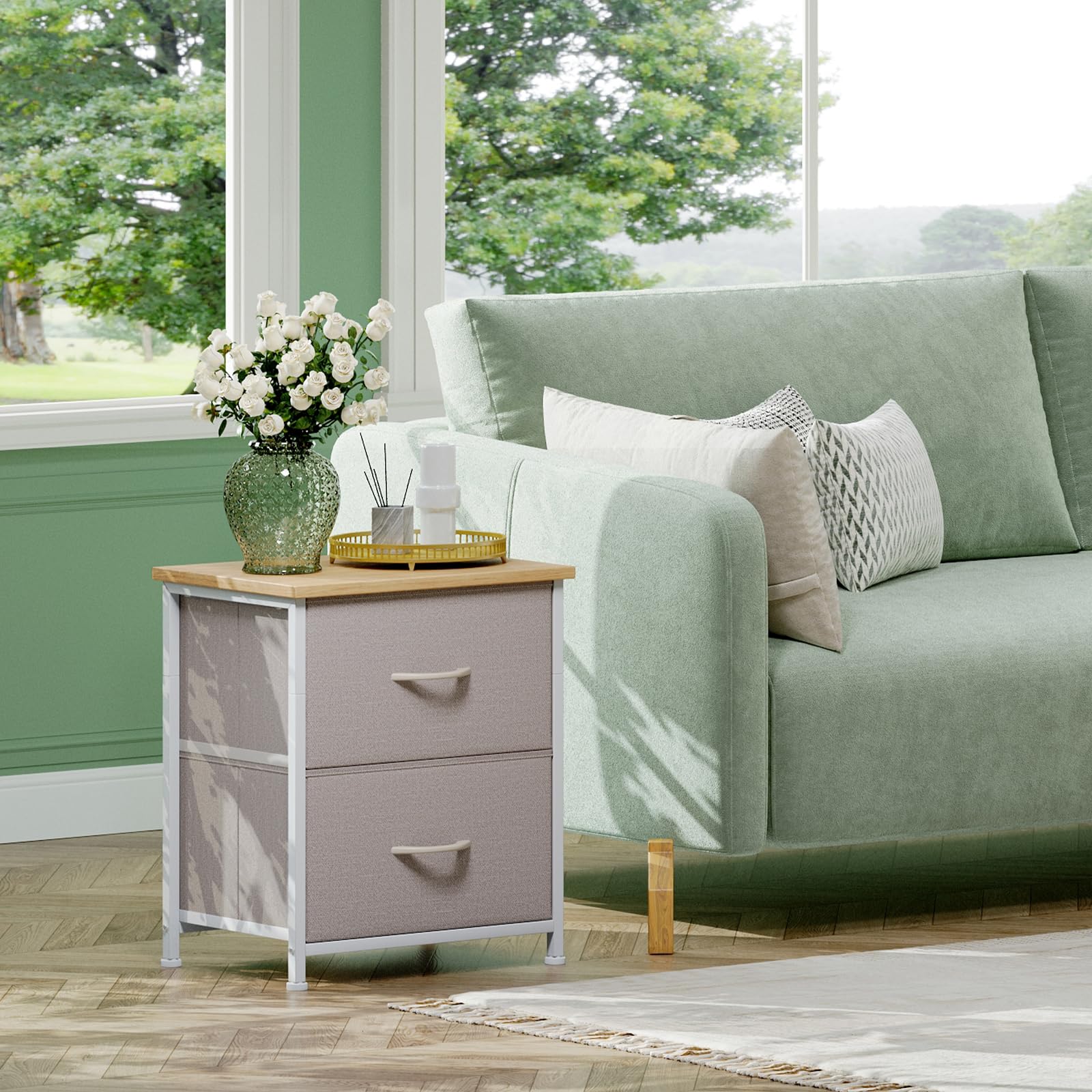 Somdot Nightstand with 2 Drawers, Small Bedside Table with Removable Fabric Bins for Bedroom, Nursery & Living Room - Sturdy Steel Frame, Wood Top, Ash Grey