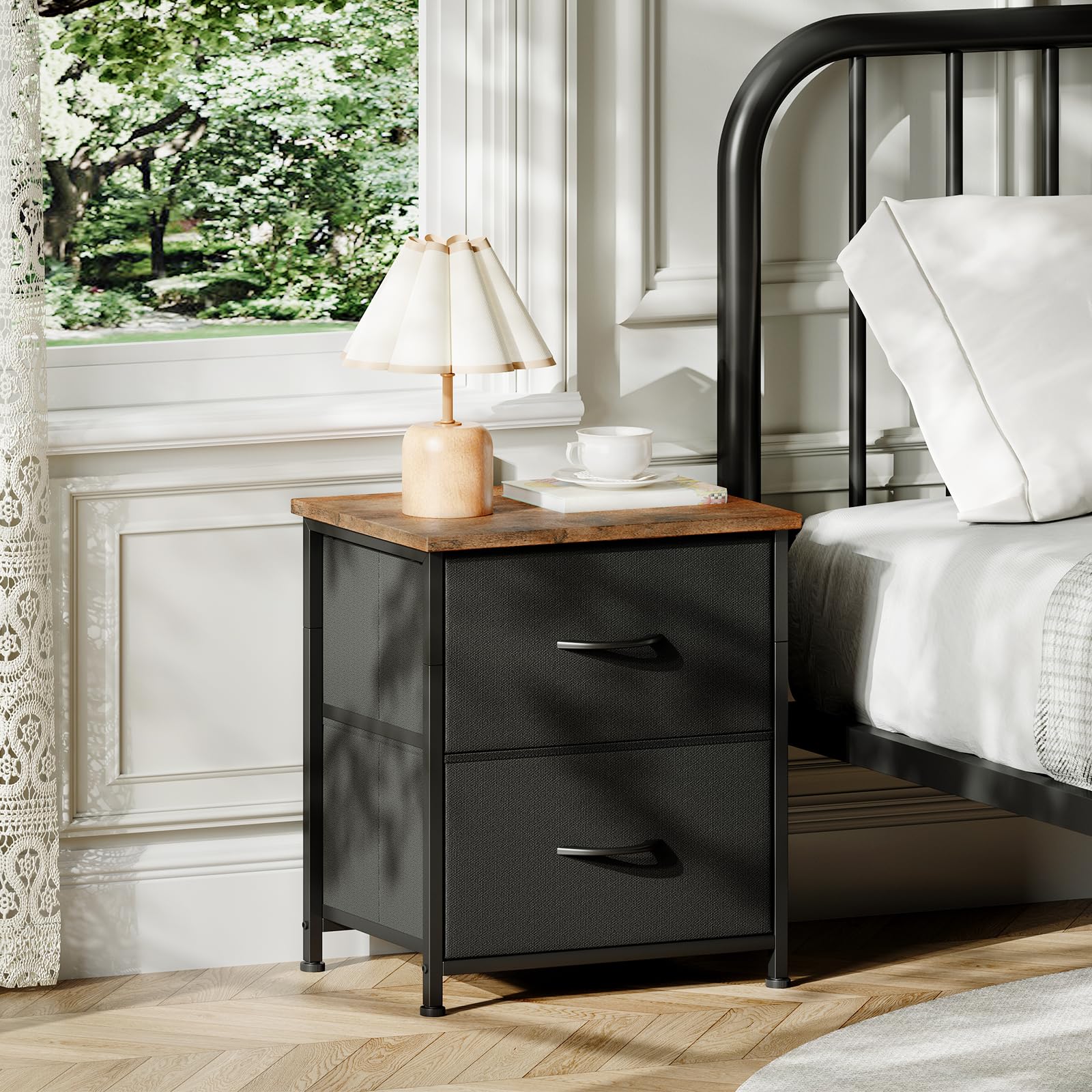 Somdot Nightstand with 2 Drawers, Small Bedside Table with Removable Fabric Bins for Bedroom, Nursery & Living Room - Sturdy Steel Frame, Wood Top, Ash Grey
