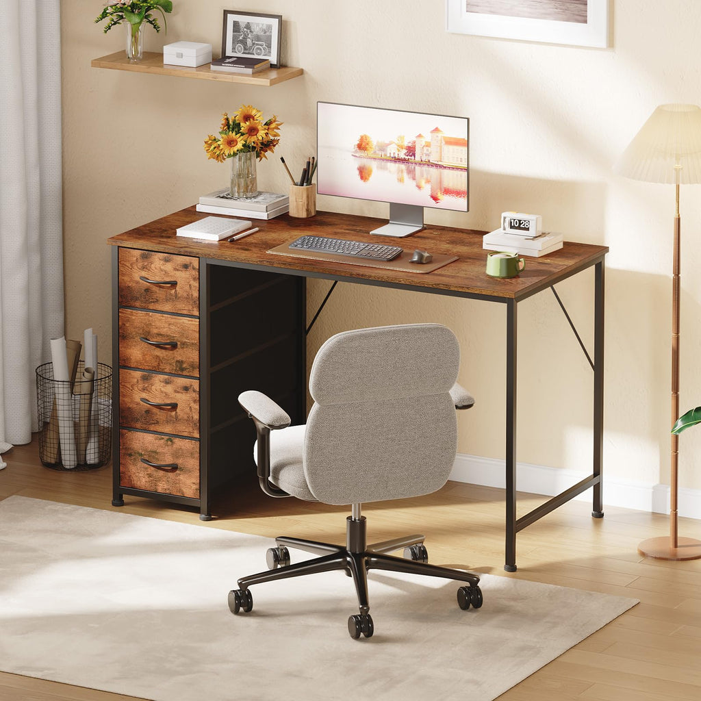 Somdot Computer Desk with 4 Fabric Drawers, 39.4 inch Reversible Home Office Desk, Small Gaming Desk with Drawers, Metal Frame for Home Office, Black