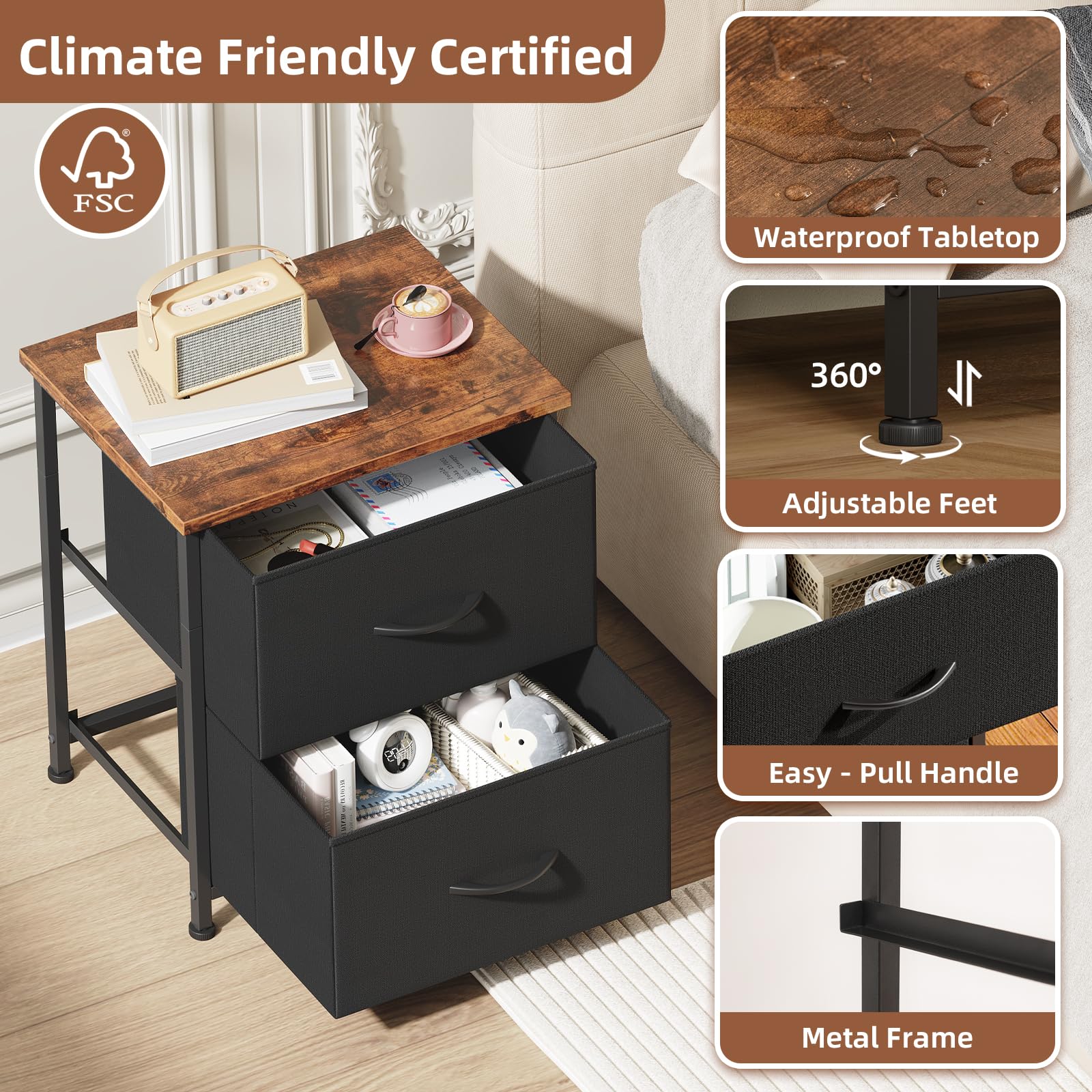 Somdot Nightstand with 2 Drawers, Small Bedside Table with Removable Fabric Bins for Bedroom, Nursery & Living Room - Sturdy Steel Frame, Wood Top, Ash Grey