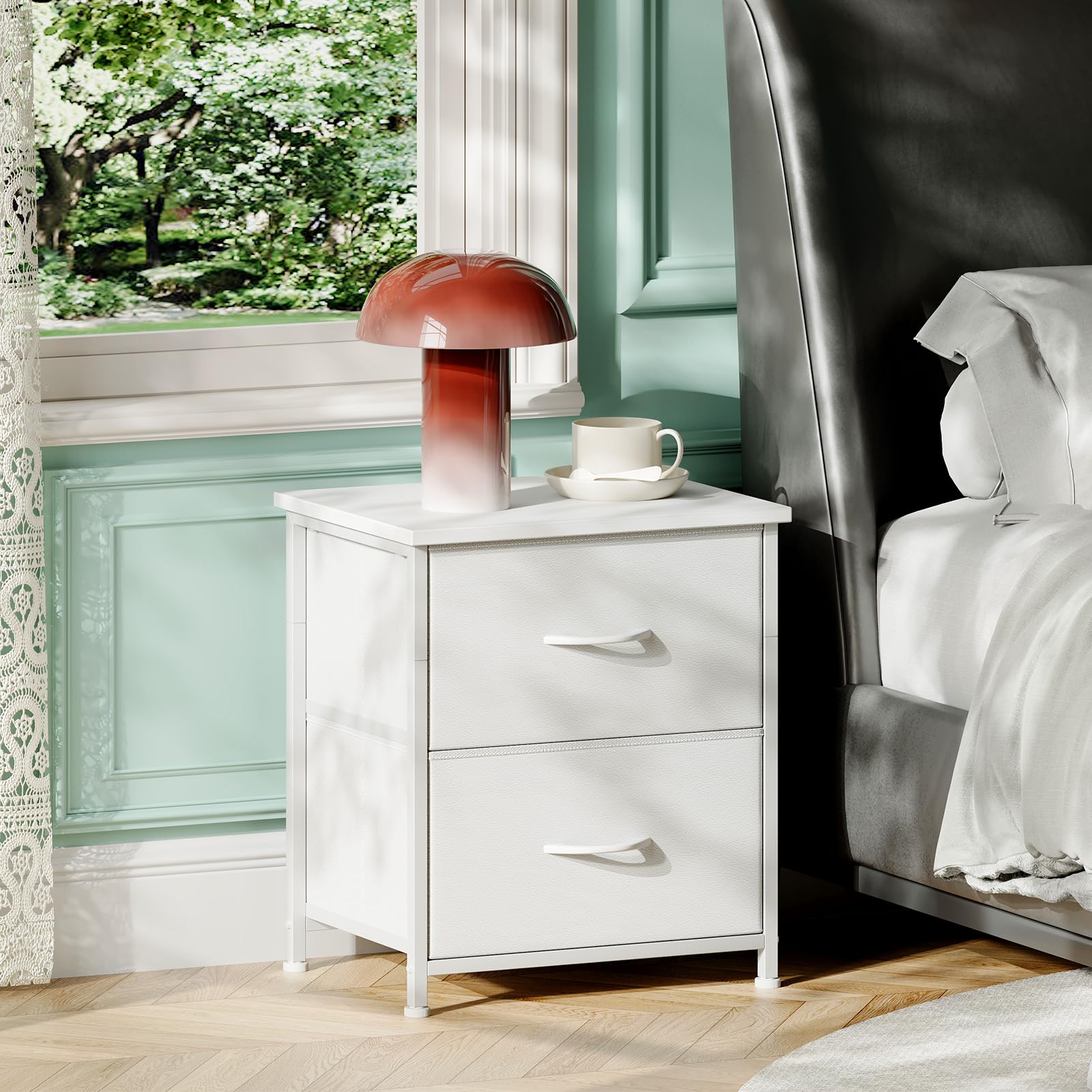 Somdot Nightstand with 2 Drawers, Small Bedside Table with Removable Fabric Bins for Bedroom, Nursery & Living Room - Sturdy Steel Frame, Wood Top, Ash Grey