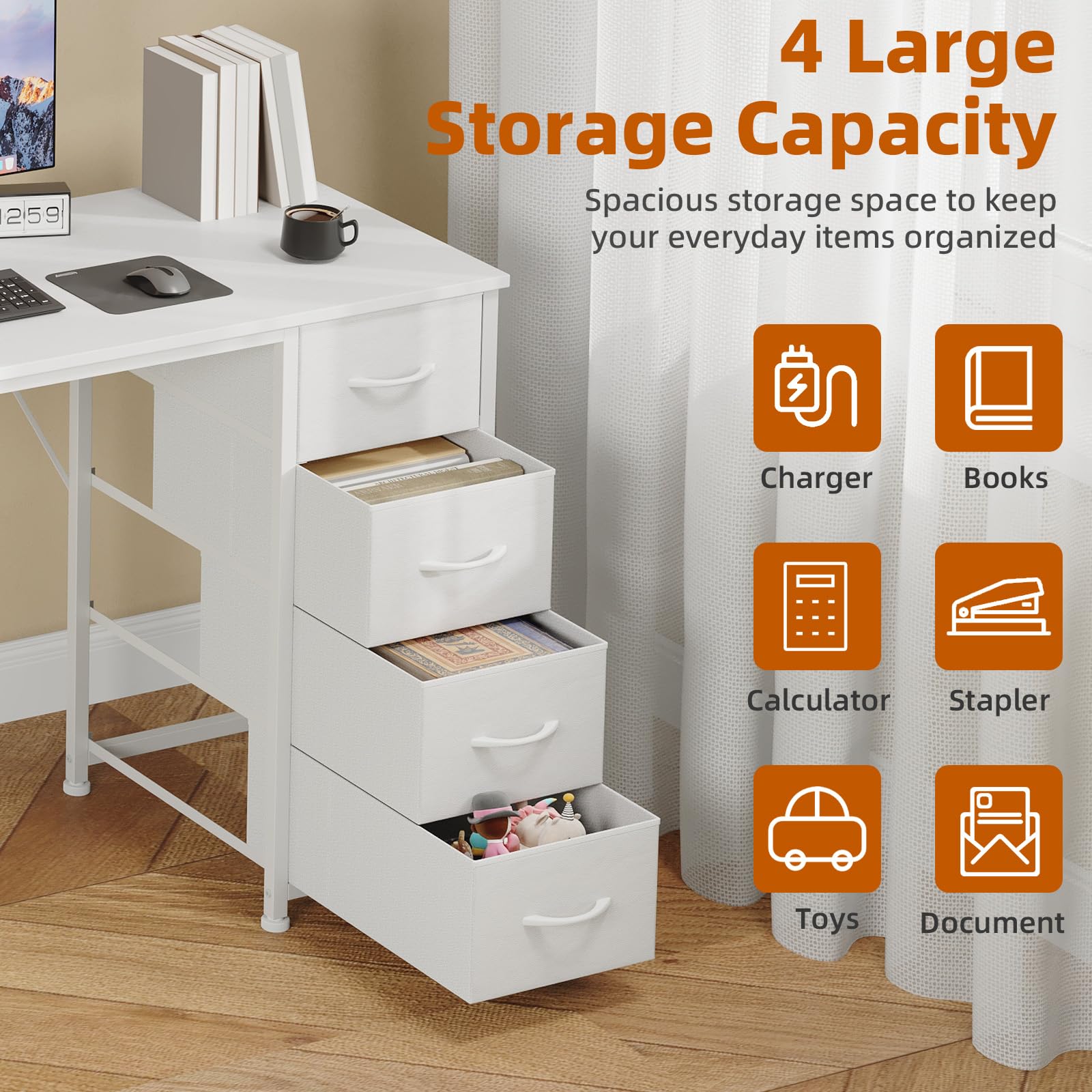 Somdot Computer Desk with 4 Fabric Drawers, 39.4 inch Reversible Home Office Desk, Small Gaming Desk with Drawers, Metal Frame for Home Office, Black