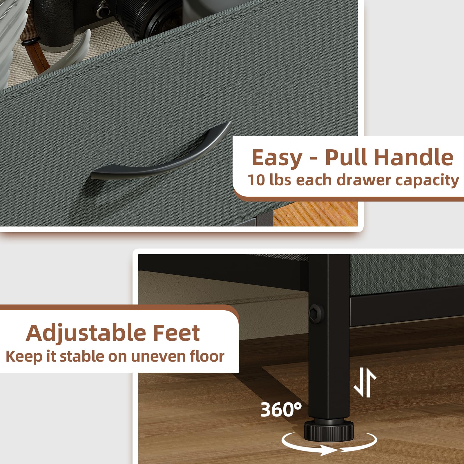 Somdot Nightstand with 2 Drawers, Small Bedside Table with Removable Fabric Bins for Bedroom, Nursery & Living Room - Sturdy Steel Frame, Wood Top, Ash Grey