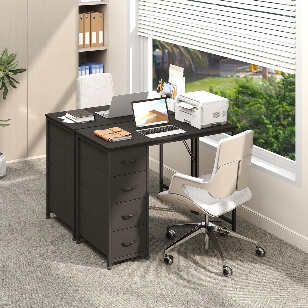 Somdot Computer Desk with 4 Fabric Drawers, 39.4 inch Reversible Home Office Desk, Small Gaming Desk with Drawers, Metal Frame for Home Office, Black