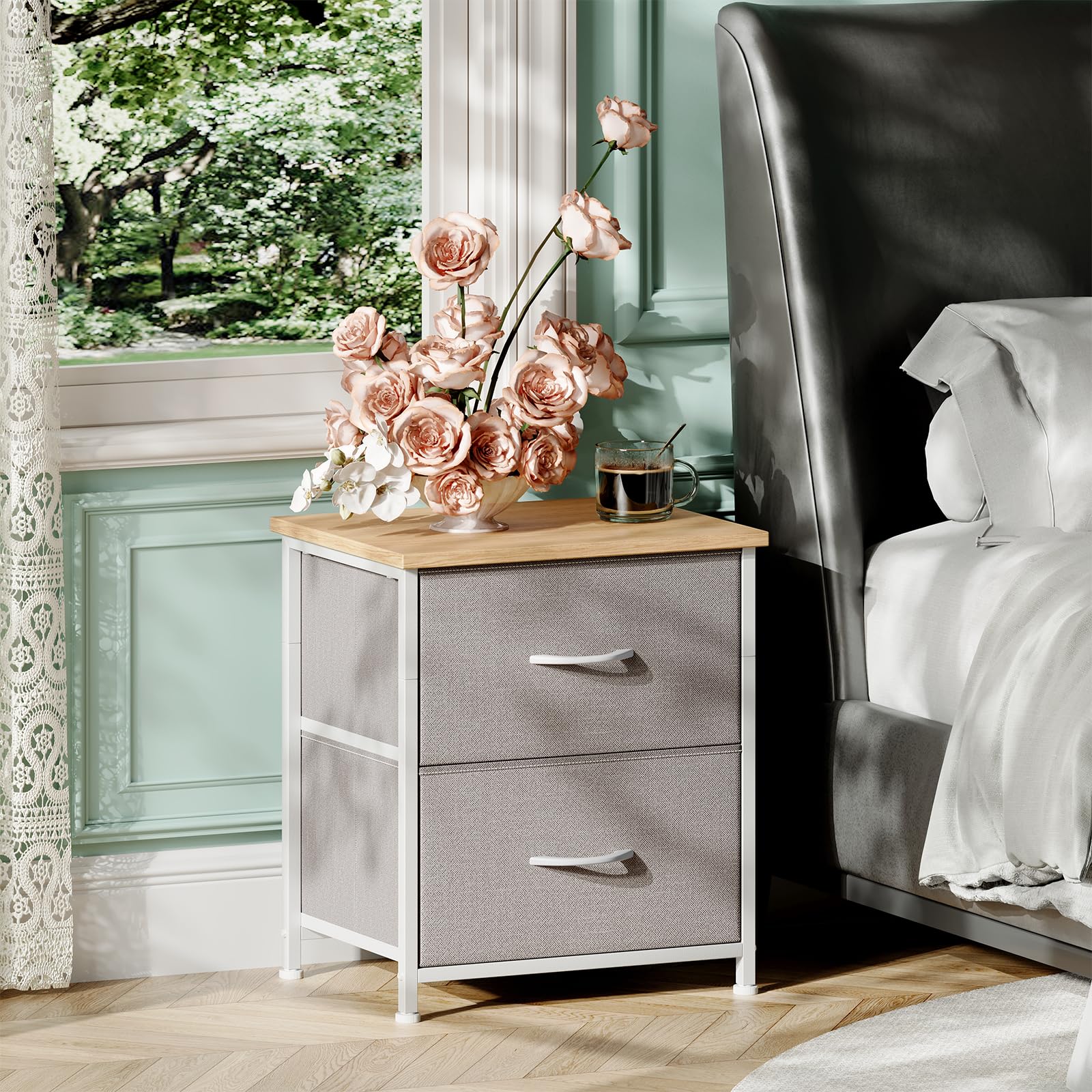 Somdot Nightstand with 2 Drawers, Small Bedside Table with Removable Fabric Bins for Bedroom, Nursery & Living Room - Sturdy Steel Frame, Wood Top, Ash Grey