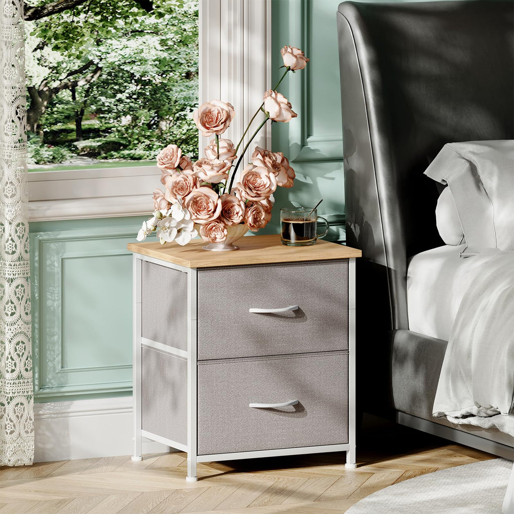 Somdot Nightstand with 2 Drawers, Small Bedside Table with Removable Fabric Bins for Bedroom, Nursery & Living Room - Sturdy Steel Frame, Wood Top, Ash Grey