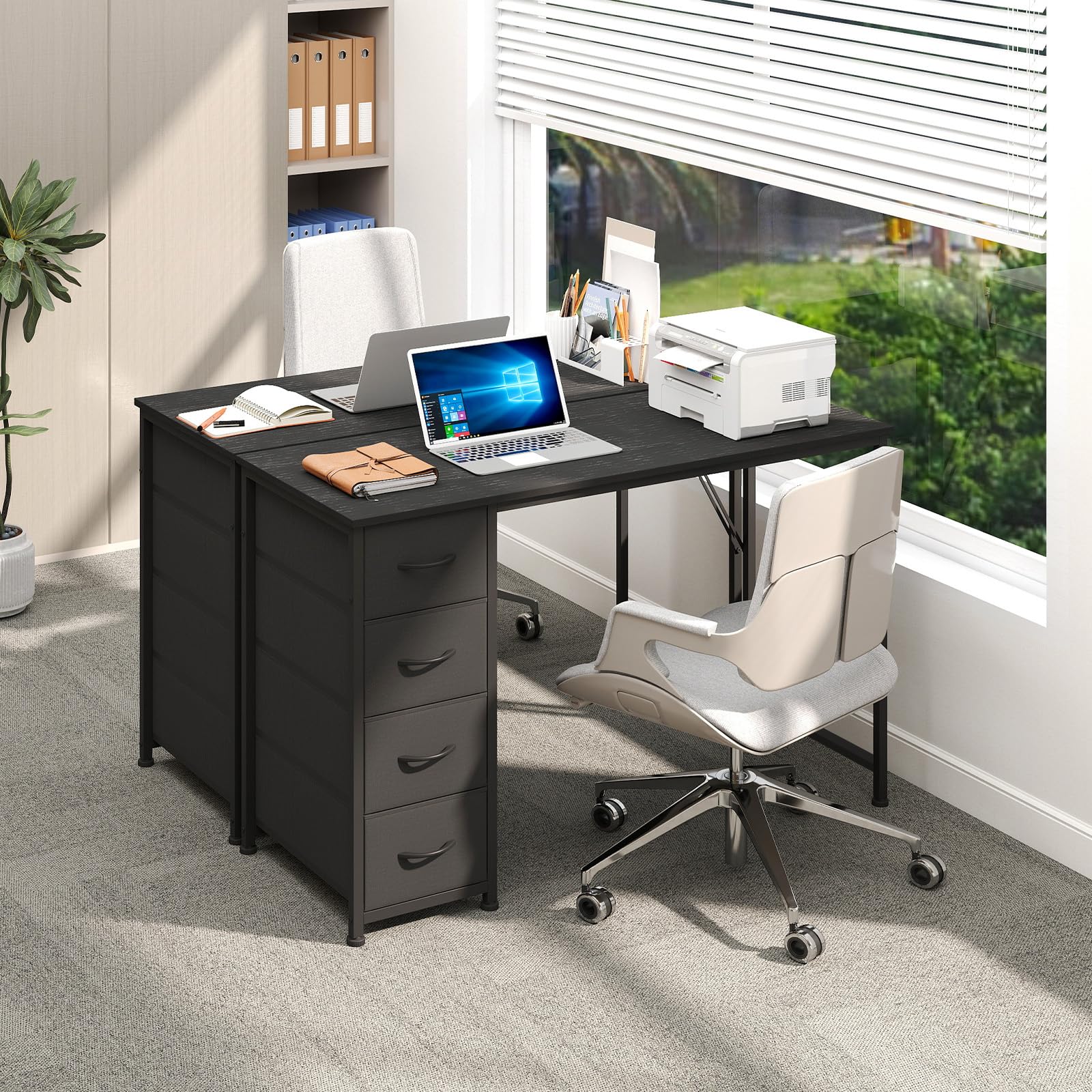 Somdot Computer Desk with 4 Fabric Drawers, 39.4 inch Reversible Home Office Desk, Small Gaming Desk with Drawers, Metal Frame for Home Office, Black